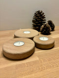 Handmade circular European oak tea light holders 